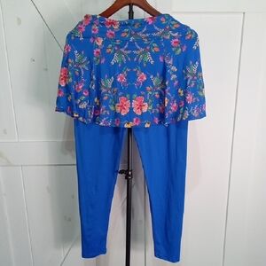 Dona Jo Blue Floral Skirted Leggings - Women Size L